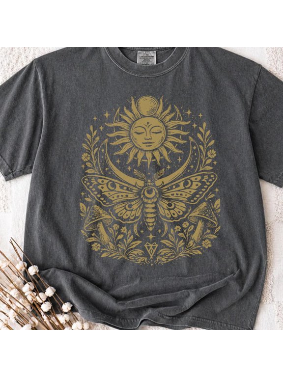 Bohemian Sun & Moon Floral Tee, Vintage Moth Pagan Goth T-shirt, Nature Cottagecore Boho Shirt