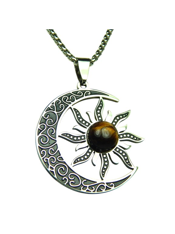 Bohemian Sun Moon Necklace Silver Stainless Steel Tigers Eye Celestial Pendant Womens Fantasy Forge Jewelry