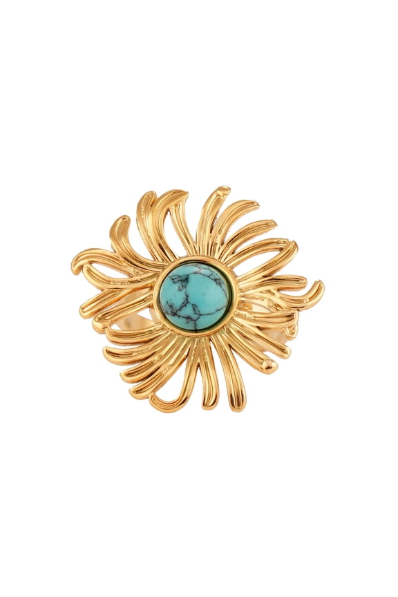 Bohemian Sun Turquoise Ring for Women, Stainless Steel Gold Tone with Natural Turquoise Stone, Adjustable Magic Talisman Meditation Cosmic Jewelry