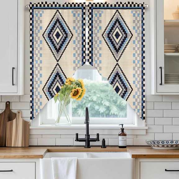 Bohemian Swag Curtain Valance for Windows, Retro Rhombus Tribal Style Blue Boho Geometric Window Treatments Short Swag Topper for Kitchen Windows Bathroom Bedroom, 28"x36"