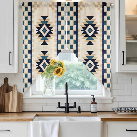 Bohemian Swag Curtain Valance for Windows, Retro Rhombus Tribal Style Boho Geometric Beige Green Plaid Window Treatments Short Swag Topper for Kitchen Windows Bathroom Bedroom, 36"x63"