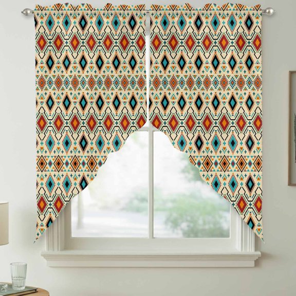 Bohemian Swag Kitchen Curtain Valances, Retro Teal and Brown Argyle Aztec Geometric Chevron Rod Pocket Curtains Window Treatment Decor Valances for Bedroom Bathroom, 2 Panels 36 x 36 Inch