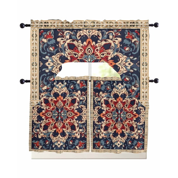 Bohemian Swag Kitchen Curtains Sets for Windows 24 Inch Length, Blue Retro Boho Ethnic Farmhouse Colorful Short Window Curtain Panels Swags Valances and Tiers 3 Piece Set for Cafe/Dining Room