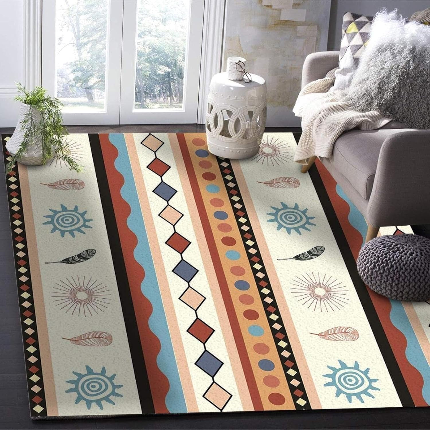 Bohemian Symbol Sun Feather Area Rug Medieval Geometry Washable Carpet ...