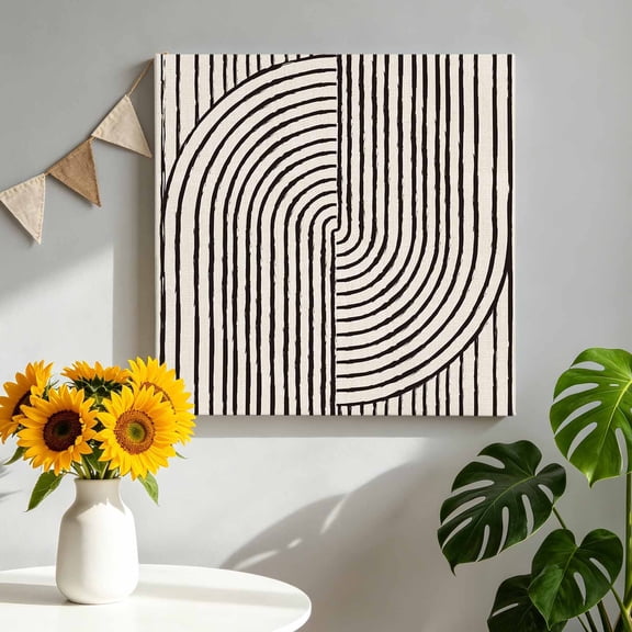 Bohemian Symmetrical Lines Canvas Wall Art, Boho Abstract Black Multi-directional Arches Framed Canvas Wall Decor Picture Print Artwork Decorations for Living Room Office Ready to Hang 8" x 8"