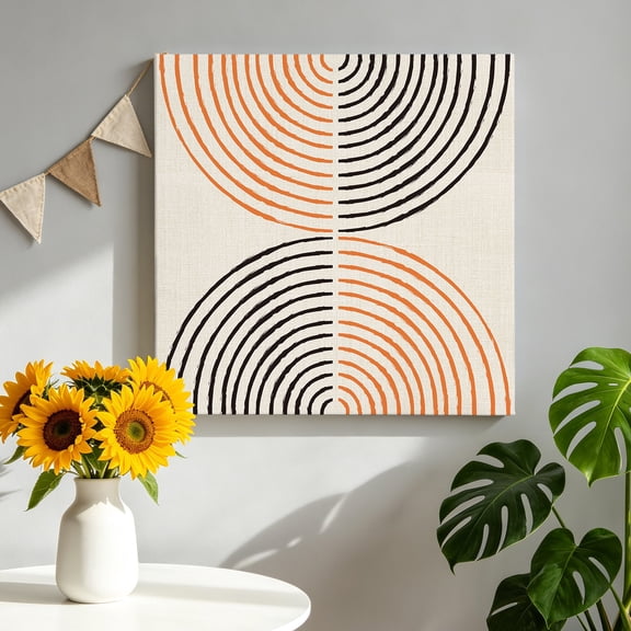 Bohemian Symmetrical Lines Canvas Wall Art, Boho Abstract Country Orange Black Mirror Arches Framed Canvas Wall Decor Picture Print Artwork Decorations for Living Room Office Ready to Hang 8" x 8"