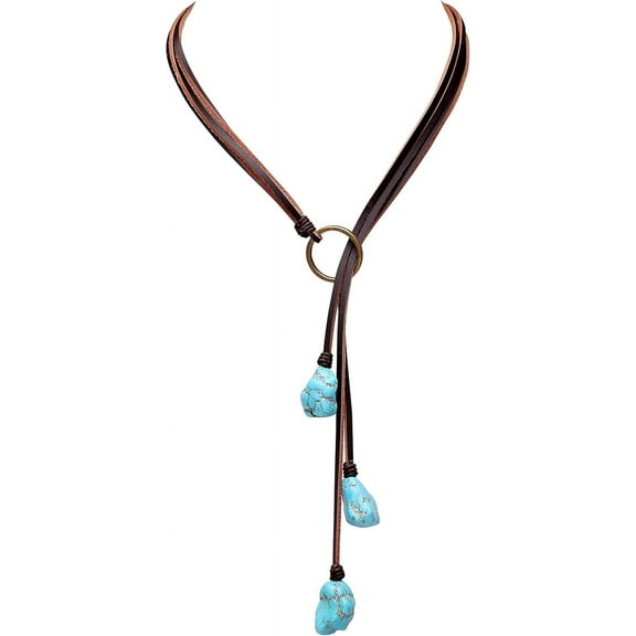 Bohemian Synthetic Turquoise Necklace Handmade Vintage Y-shaped Jewelry with Genuine Flat Brown Leather