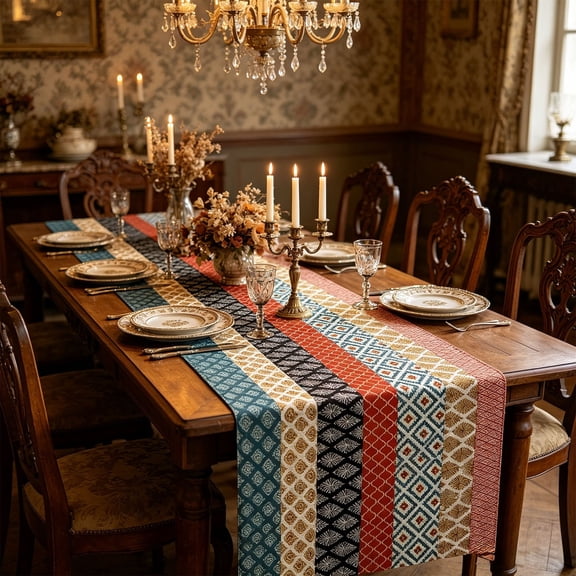 Bohemian Table Runner Geometric Linen Multicolor Striped Farmhouse Style Table Decor Boho Dining Table Runner Imitation Linen Wrinkle Resistant Coffee Table Wedding Party Home Decor
