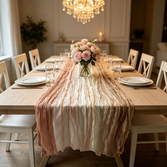 Bohemian Table Runner Gradient Crinkle Sheer Gauze Table Flag Boho Wedding Party Decor for Dining Table Birthday Bridal Shower Event Decor
