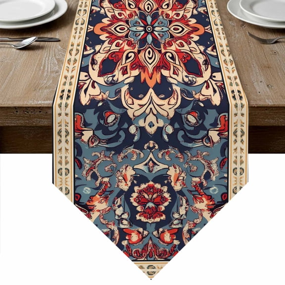 Bohemian Table Runner Linen Burlap Table Runner 36 Inches Small Blue Retro Boho Ethnic Farmhouse Colorful Dresser Scarves for Kitchen Island Coffee Dining Party Wedding Banquet Holiday Decor 13"x36"