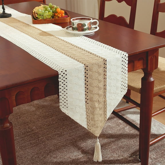 Bohemian Table Runner Macrame Runner Woven Tassel Trim Natural Cotton Decorative Accent for Boho Home Dining Table and Bedroom Decor Akmoler