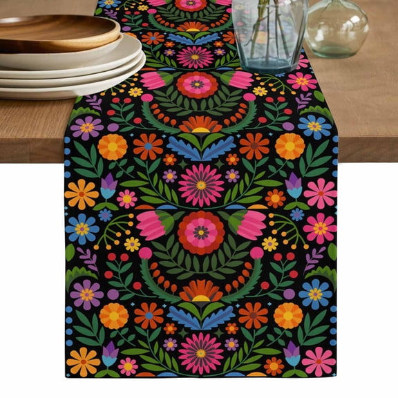 Bohemian Table Runner, Red Green Tribal Mexican Abstract Flower Washable Cotton Linen Table Runners 48 Inches Long, Dresser Scarf Runner for Nightstand/Coffee/End Tables 13''x48''