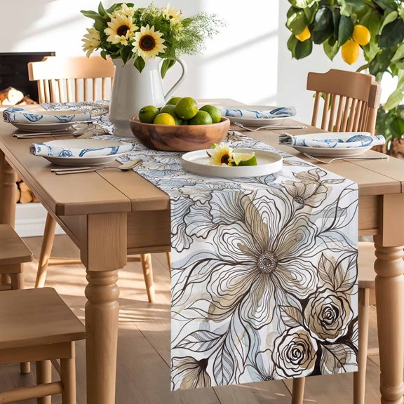 Bohemian Table Runner, Traditional Ethic Texture Mystic Flowers Farmhouse Washable Kitchen Table Runners Dress Scarves for Dining Table Decorations Party/Restaurant/Indoor Outdoor Use, 13x36in