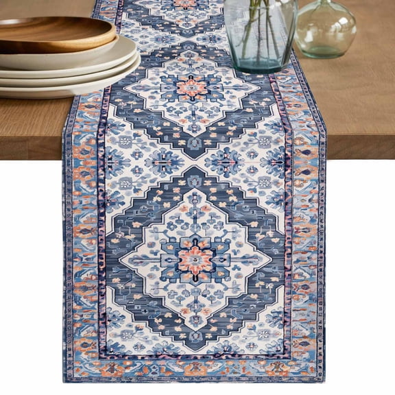 Bohemian Table Runner, Vintage Tribal Boho Floral Monaco Ethnic Style Blue Cotton Linen Kitchen Table Decoration Washable Dining Tabletop Runners for Home Party Decor 13x90 Inches
