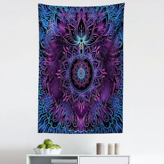 Bohemian Tapestry, Ombre Colors Lotus Flourishes Harmony of the Universe Themed Print, Fabric Wall Hanging Decor for Bedroom Living Room Dorm, 5 Sizes, Purple Sky Blue and Violet, by Ambesonne