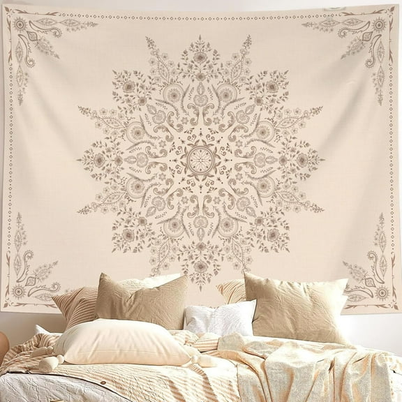 Bohemian Tapestry Wall Hanging, Beige Grey Floral Tapestry with Mandala Flower Medallion Print Bedroom Boho Home Decor 5060 inch