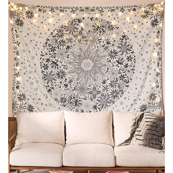 Bohemian Tapestry Wall Hanging, Beige and White Floral Tapestry,white,xlarge(70“×90”),F113269