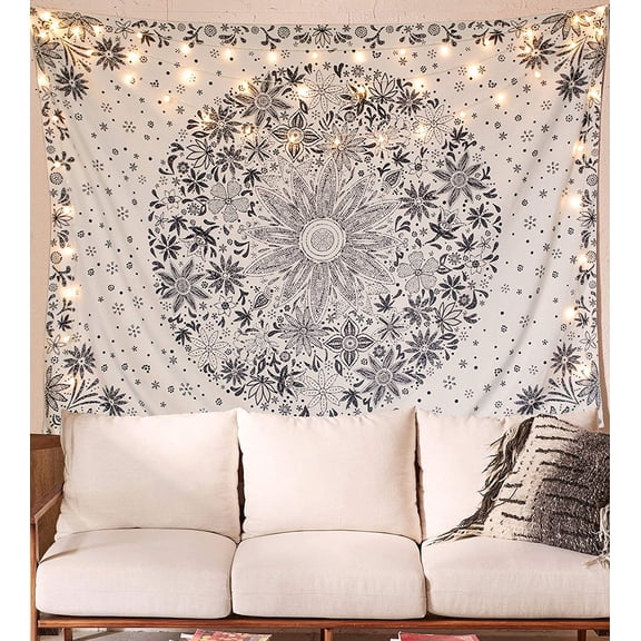 Bohemian Tapestry Wall Hanging, Beige and White Floral Tapestry,white,xlarge(70“×90”),F113269