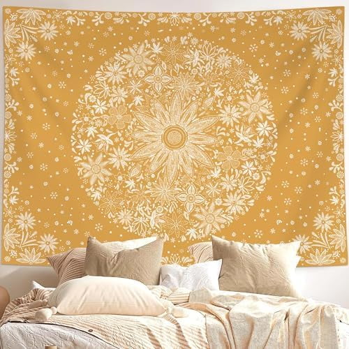 Bohemian Tapestry Wall Hanging, Orange Floral Tapestry with Dotted Daisy Medallion Print Bedroom Boho Hippie Home Decor, 36x48 inches