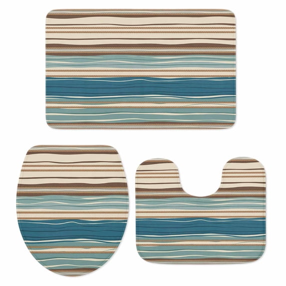 Bohemian Teal Bathroom Rugs Set Brown Stripe Retro Wave Line Non Slip Absorbent Soft Bath Mats 3 Piece Set with Bathroom Rug, U-Shaped Floor Mat, Toilet Seat Cover Small Size