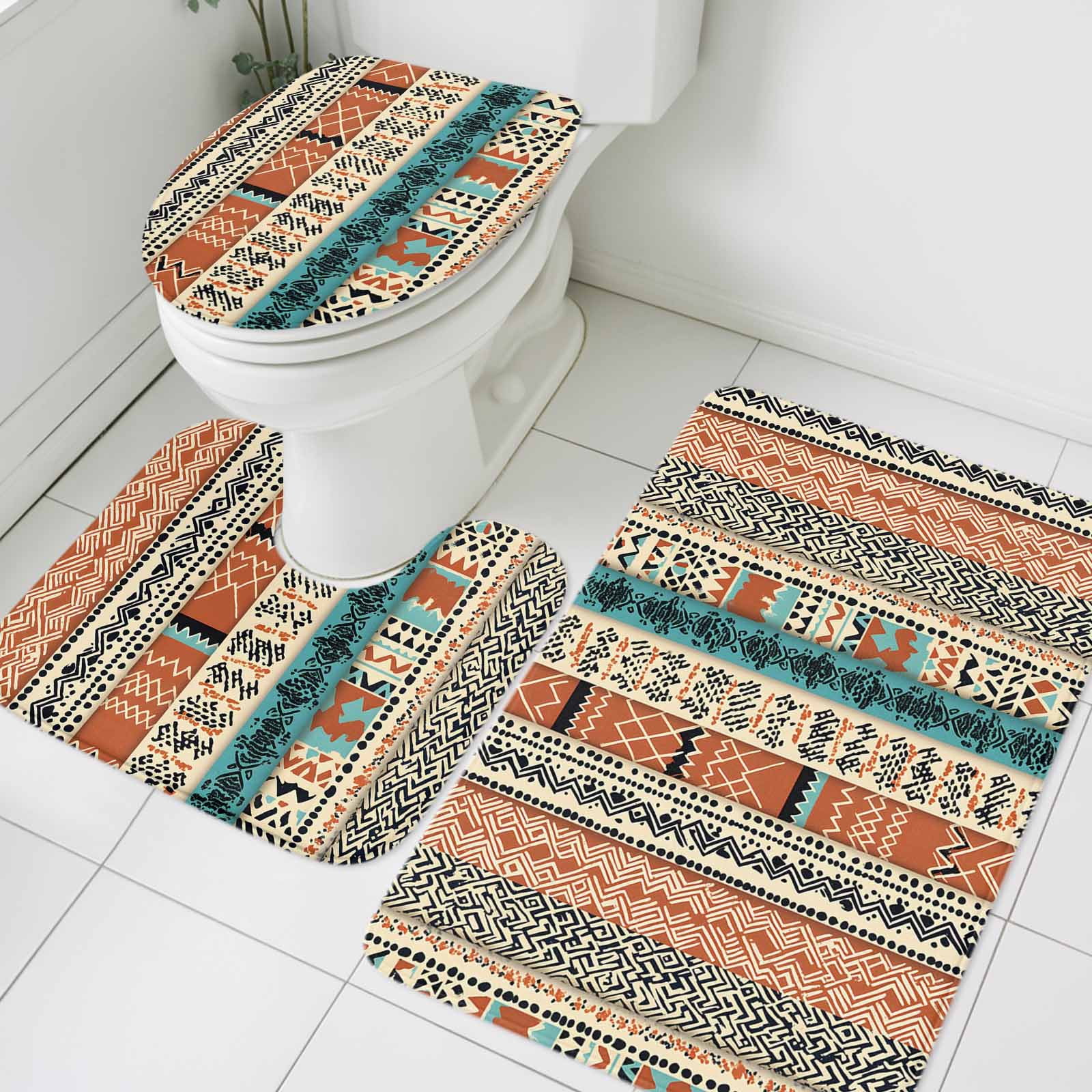Tile Pattern Bathroom Rug Bohemian Teal Bathroom Rugs Set Orange Floral Geometric Texture Ethnic ...