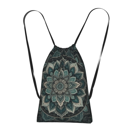 Bohemian Teal Floral Packable Drawstring Backpack, Lightweight Foldable Cinch Storage Bag for Gym Travel Shopping