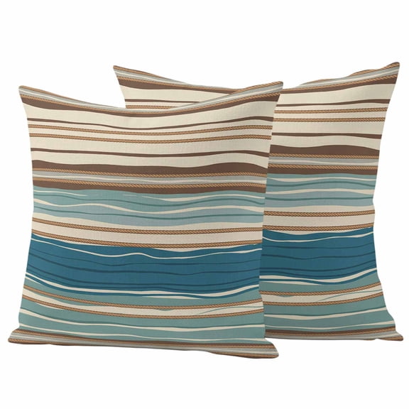 Bohemian Teal Outdoor Pillow Covers 16"x16" Set of 2, Brown Stripe Retro Wave Line Waterproof Throw Pillow Covers for Patio Furniture, Decorative Cushion Covers for Porch
