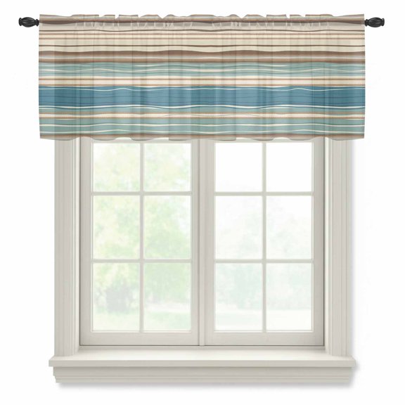 Bohemian Teal Semi Sheer Valance Curtains Brown Stripe Retro Wave Line Voile Valances Curtain Rod Pocket Small Window Treatment for Kitchen Bathroom Cafe 42"x12"