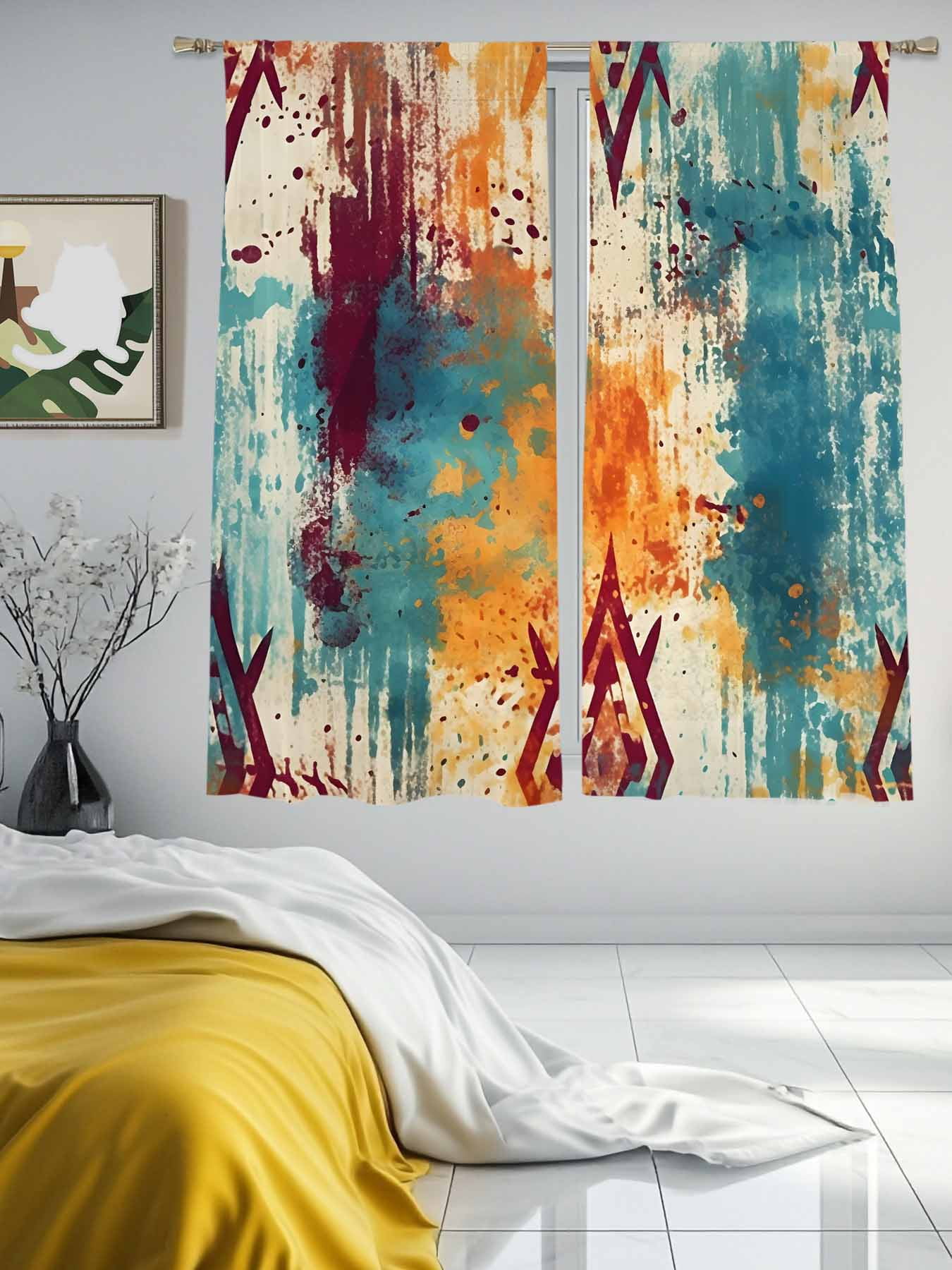 Bohemian Teal Sheer Curtains 72 Inches Long 2 Panels, Semi Sheer Rod ...