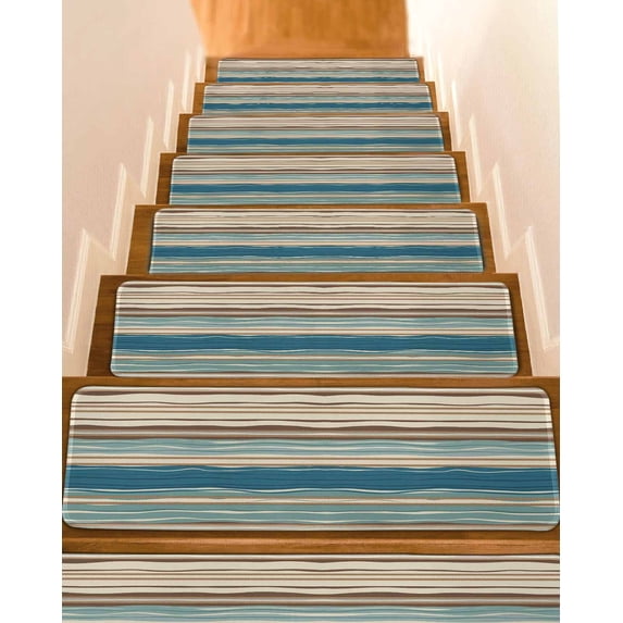 Bohemian Teal Stair Treads Non Slip for Steps Brown Stripe Retro Wave Line 10 Pcs Reusable Adhesive Stair Runner Mats for Dogs Elders Carpet Treads Rugs for Staircase 8x30 In