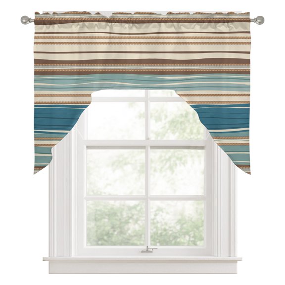 Bohemian Teal Swag Valance for Windows, Brown Stripe Retro Wave Line Swag Curtains Valances for Small Window Treatment Rod Pocket for Kitchen Bathroom 1 Panel 56x36in