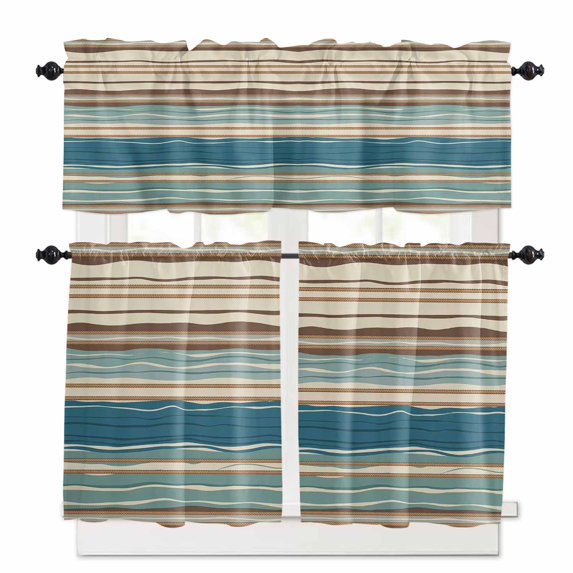 Bohemian Teal Window Curtains Valance Set of 3 Brown Stripe Retro Wave Line Rod Pocket Small Kitchen Curtain, Soft Window Treatment for Bedroom Party Holiday Decor