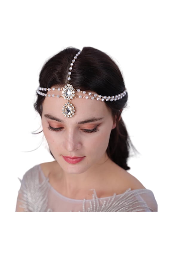 Bohemian Teardrop Crystal Head Chain Layered Rhinestone Pearl Forehead Chain Wedding Headband Prom Party Festival Hair Accessories for Women (Gold)
