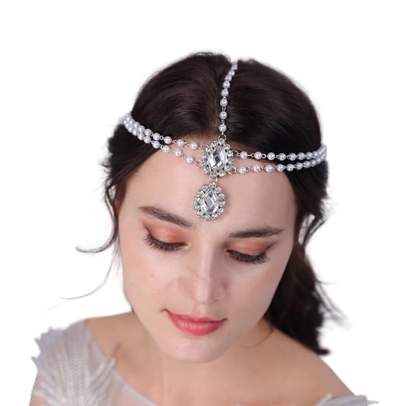 Bohemian Teardrop Crystal Head Chain Layered Rhinestone Pearl Forehead Chain Wedding Headband Prom Party Festival Hair Accessories for Women (Silver)