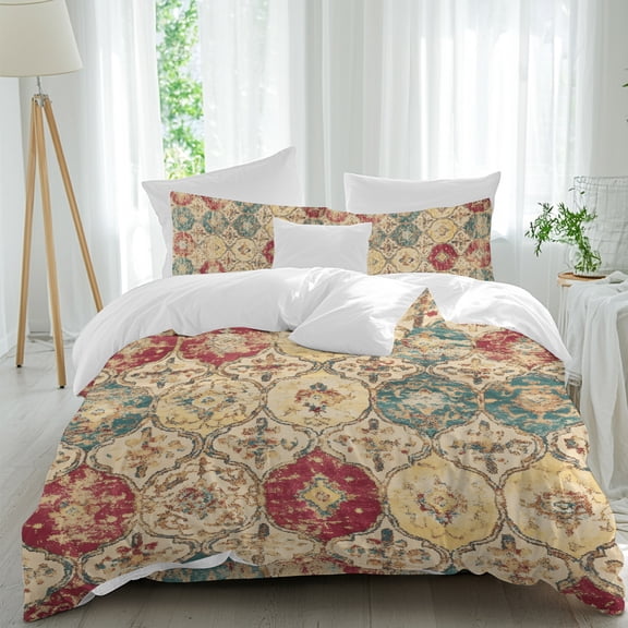 Bohemian Texture Comforter Set Twin Size, Vintage Blue Red Morocco Pattern Soft Bedding Set for Man Woman, 4 Pieces Duvet Cover Set with Fitted Sheet, 2 Pillowcases
