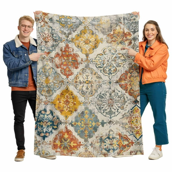Bohemian Texture Flannel Blanket for Bed,Travel and Camping, Brown Yellow Morocco Pattern Super Soft Cozy Blanket for All Seasons 50"x60"