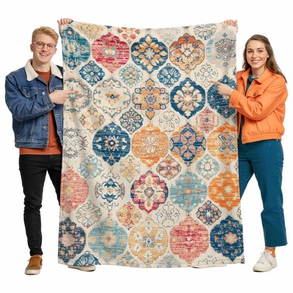 Bohemian Texture Flannel Blanket for Bed,Travel and Camping, Vintage Orange Blue Morocco Pattern Super Soft Cozy Blanket for All Seasons 60"x80"