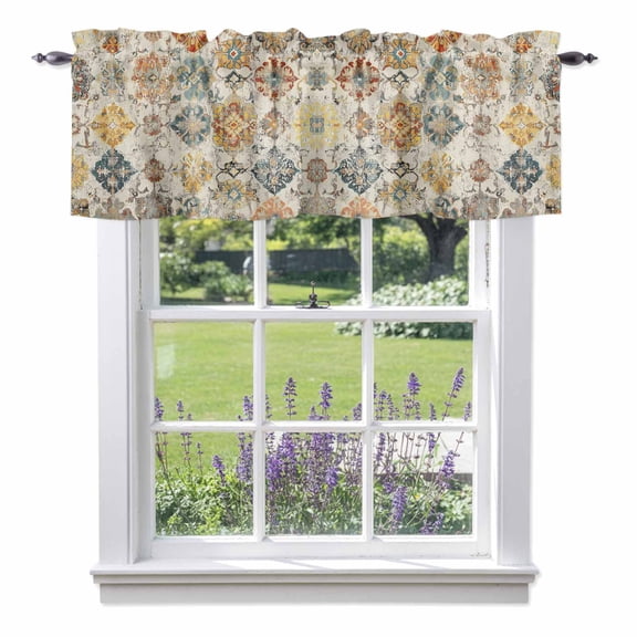 Bohemian Texture Kitchen Valances, Vintage Brown Morocco Pattern Rod Pocket Window Valance 18 Inch Long, Window Curtain Panels for Living Room Bedroom Laundry, 54x18in