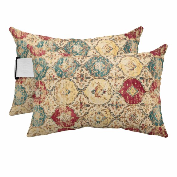 Bohemian Texture Outdoor Chaise Lounge Pillows Vintage Blue Red Morocco Pattern Lumbar Pillows with Insert Adjustable Elastic Strap Headrest Pillow for Recliner Patio Chair 2 Pack 11x16 Inch