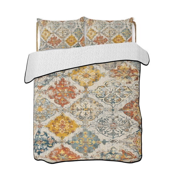 Bohemian Texture Quilts Bedding Set Queen Size Brown Yellow Morocco Pattern Lightweight Quilted Bedspread 3 Piece Bed Quilt with 2 Pillow Shams All Season for Bedroom 78" x 90"