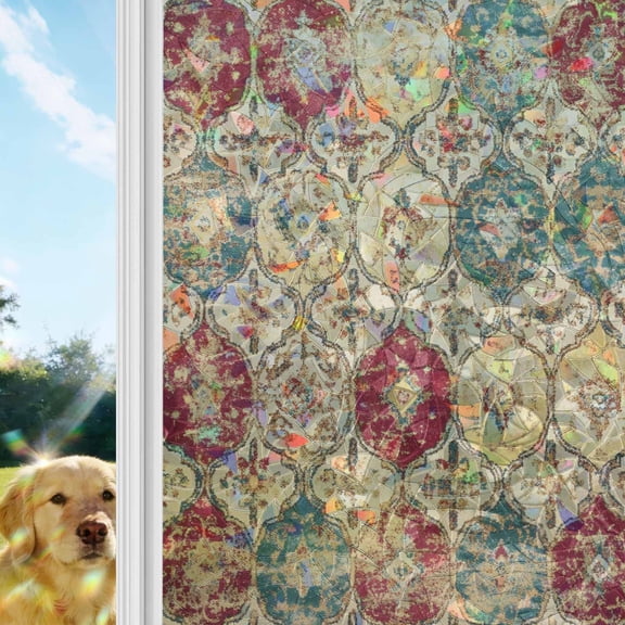 Bohemian Texture Rainbow Window Privacy Film, Vintage Blue Red Morocco Pattern Stained Glass Window Film, Sun Blocking Glass Clings Static Cling Non Adhesive Door Stickers 29.5 x 118 Inches