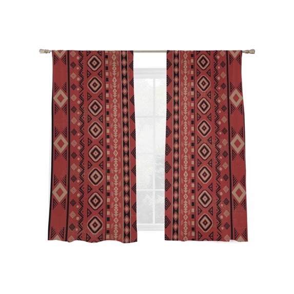 Bohemian Texture Sheer Curtains 2 Panels Set Abstract Red Black Geometric National Ethnic Tribal Sheer Window Curtains Light Filtering Rod Pocket Voile Drapes for Bedroom Living Room 52"X72"