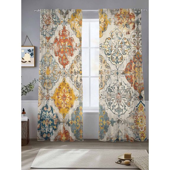 Bohemian Texture Sheer Curtains 84 Inches Long 2 Panels Brown Yellow Morocco Pattern Light Filtering Semi Sheer Window Curtains Drapes for Bedroom Living Room 52"x84"