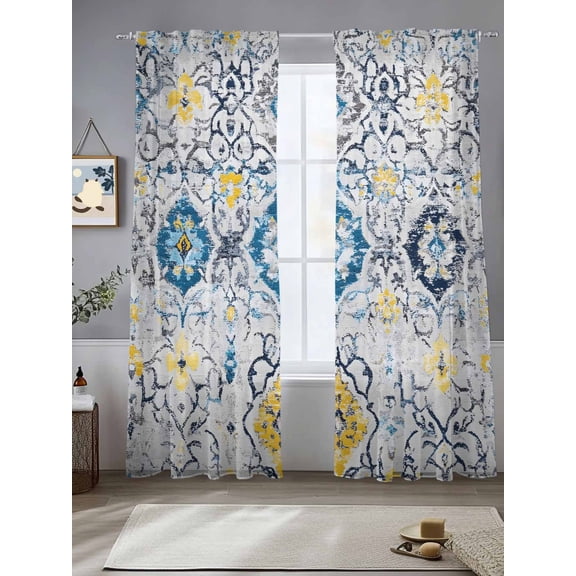 Bohemian Texture Sheer Curtains 84 Inches Long 2 Panels Gary Blue Morocco Pattern Light Filtering Semi Sheer Window Curtains Drapes for Bedroom Living Room 52"x84"