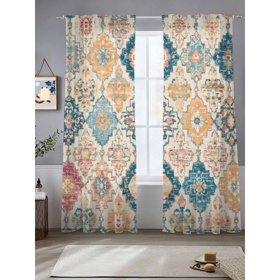 Bohemian Texture Sheer Curtains 96 Inches Long 2 Panels Retro Yellow Blue Morocco Pattern Light Filtering Semi Sheer Window Curtains Drapes for Bedroom Living Room 52"x96"