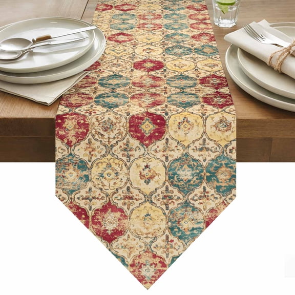 Bohemian Texture Table Runner 36 Inches Long Vintage Blue Red Morocco Pattern Table Runners for Dining Room Tabletop Dresser Scarf Home Party Banquet Wedding Holiday Decoration