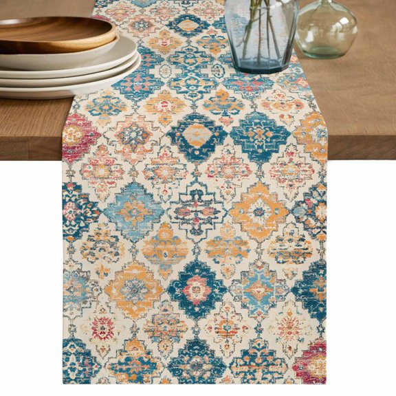Bohemian Texture Table Runner, Retro Yellow Blue Morocco Pattern Cotton Linen Kitchen Table Decoration Washable Dining Tabletop Runners for Home Party Decor 13x36 Inches