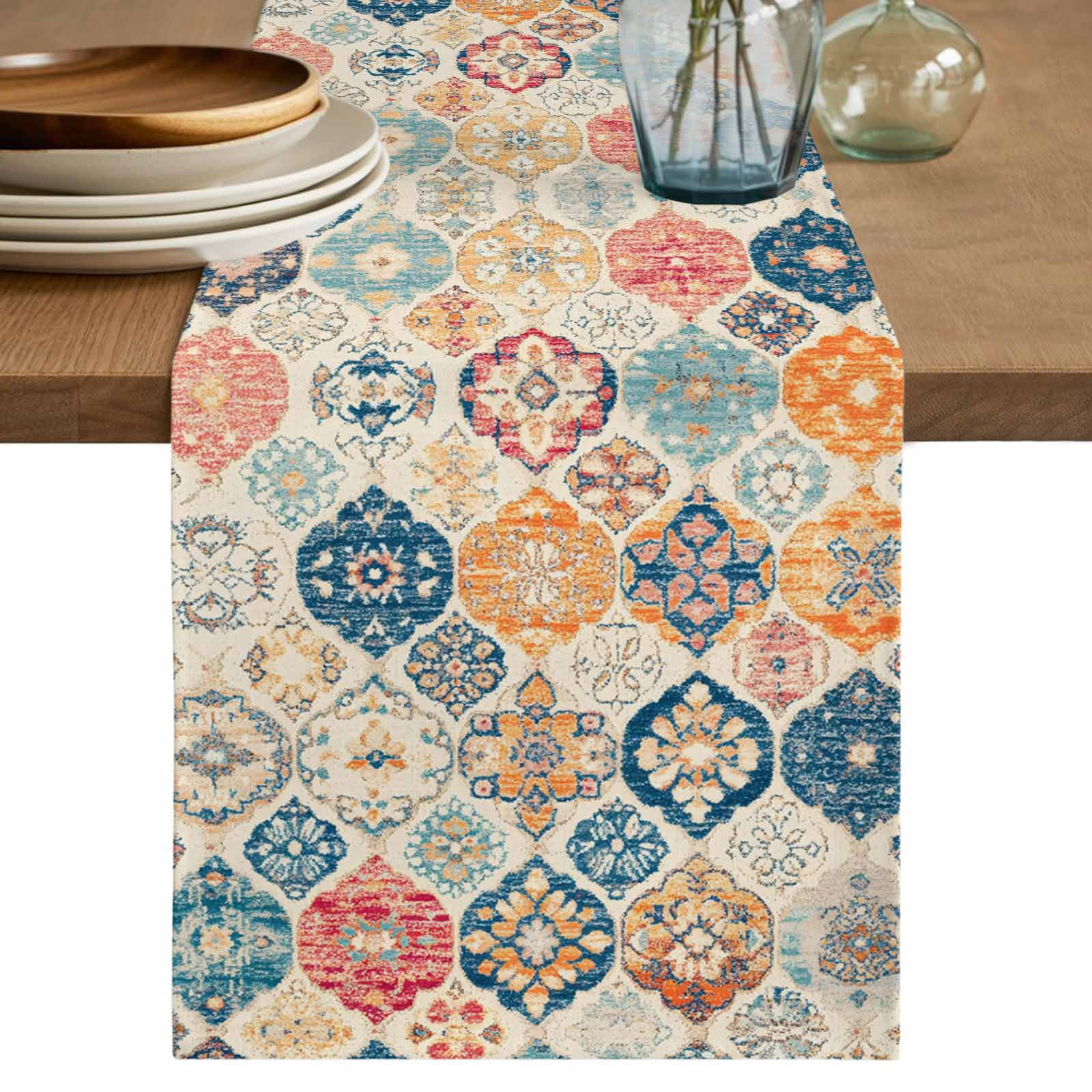 Bohemian Texture Table Runner, Vintage Orange Blue Morocco Pattern ...