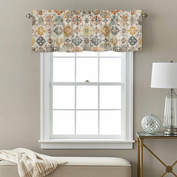 Bohemian Texture Window Valance for Kitchen, Vintage Brown Morocco Pattern Rod Pocket Short Curtain for Small Windows, Light Filtering Decorative Valance, 56 x 16 Inch, 1 Panel