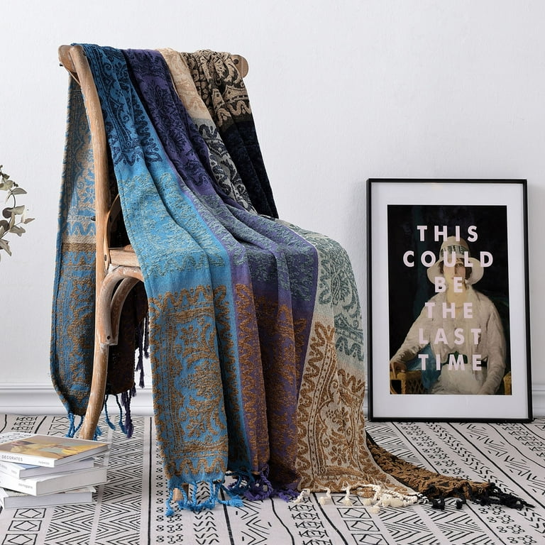 Bohemian Chenille Throw Blanket Colorful Boho Woven for Couch